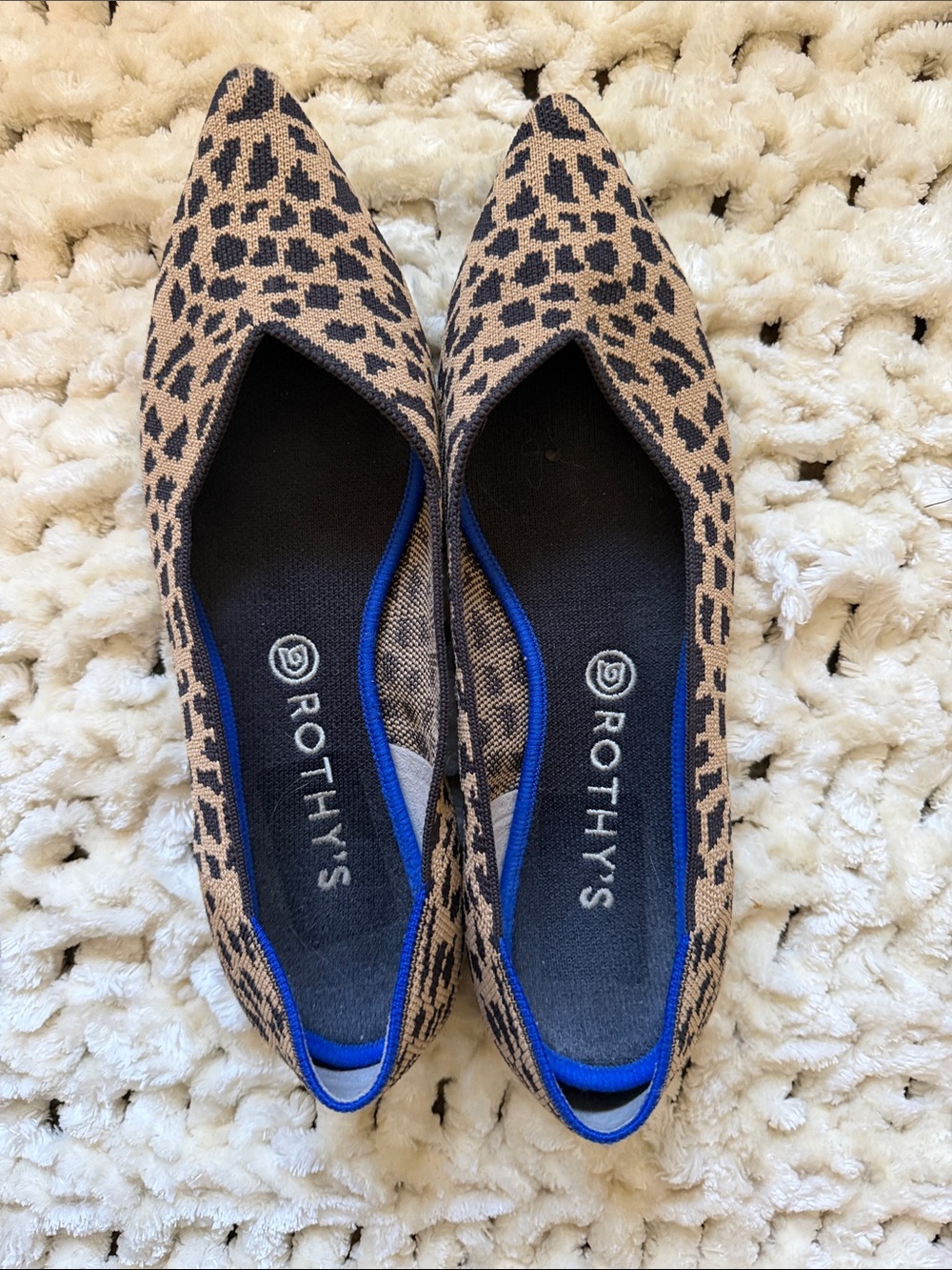 Rothy’s The Point Big Cat Leopard Flats Blue Trim Size 11.5